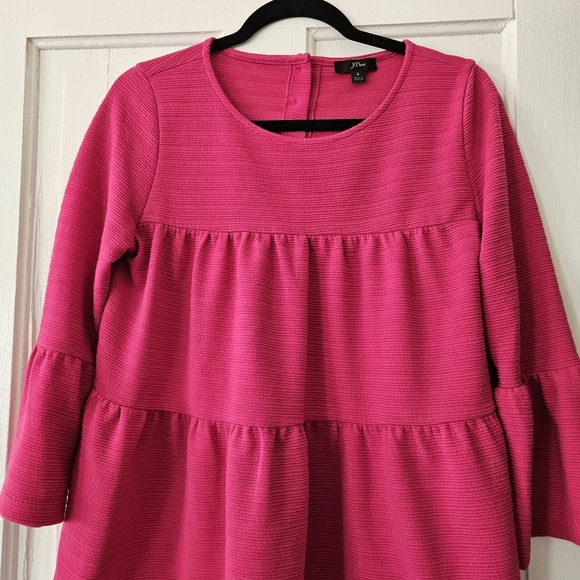J. Crew Women's Bright Pink Tiered Bell Sleeve Babydoll Top Size Small, Textured - Picture 3 of 8